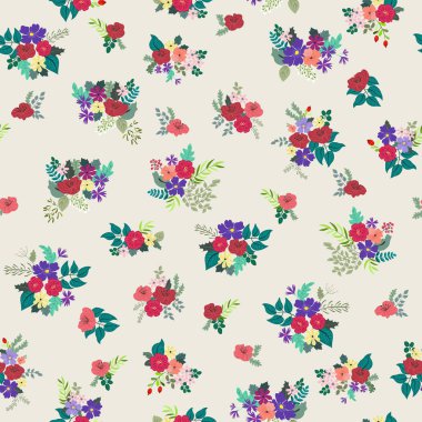 Antik halk çiçekleriyle kusursuz bitki desenleri. Pejmürde şık millefleurlar. Tekstil, duvar kağıdı, kapaklar için çiçek arkaplanı, yüzey, baskı, paket, kupür defteri, dekupaj