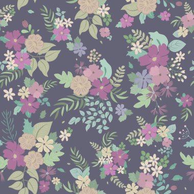 Antik halk çiçekleriyle kusursuz bitki desenleri. Pejmürde şık millefleurlar. Tekstil, duvar kağıdı, kapaklar için çiçek arkaplanı, yüzey, baskı, paket, kupür defteri, dekupaj