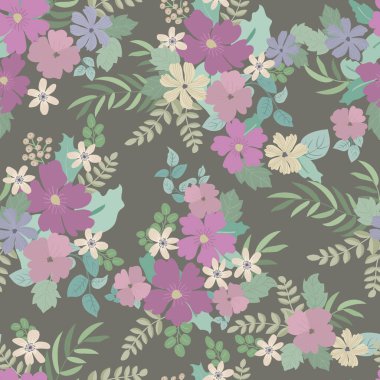 Antik halk çiçekleriyle kusursuz bitki desenleri. Pejmürde şık millefleurlar. Tekstil, duvar kağıdı, kapaklar için çiçek arkaplanı, yüzey, baskı, paket, kupür defteri, dekupaj