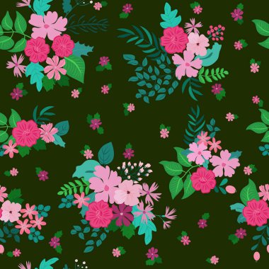 Antik halk çiçekleriyle kusursuz bitki desenleri. Pejmürde şık millefleurlar. Tekstil, duvar kağıdı, kapaklar için çiçek arkaplanı, yüzey, baskı, paket, kupür defteri, dekupaj