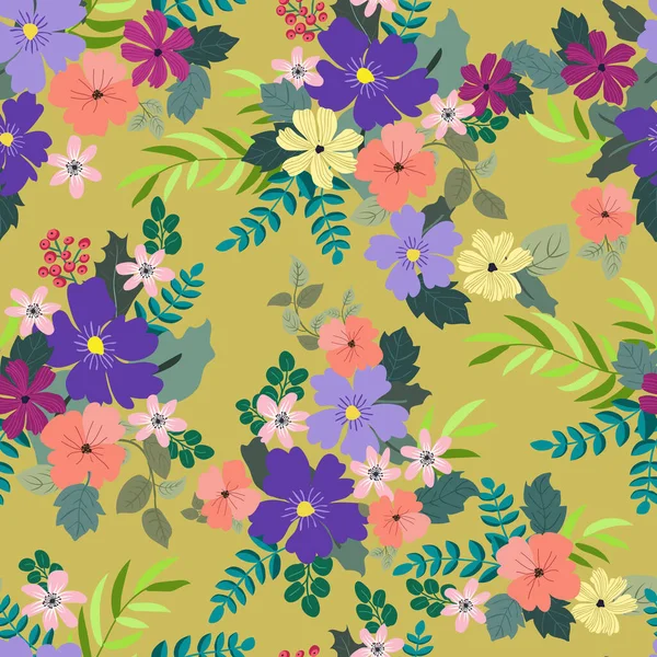 Modèle Plantes Sans Couture Avec Des Fleurs Folkloriques Antiques Millefleurs — Image vectorielle
