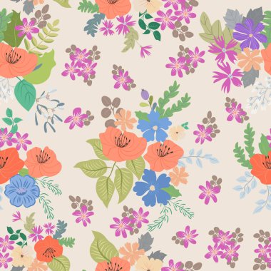 Antik halk çiçekleriyle kusursuz bitki desenleri. Pejmürde şık millefleurlar. Tekstil, duvar kağıdı, kapaklar için çiçek arkaplanı, yüzey, baskı, paket, kupür defteri, dekupaj