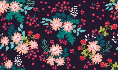 Antik halk çiçekleriyle kusursuz bitki desenleri. Pejmürde şık millefleurlar. Tekstil, duvar kağıdı, kapaklar için çiçek arkaplanı, yüzey, baskı, paket, kupür defteri, dekupaj