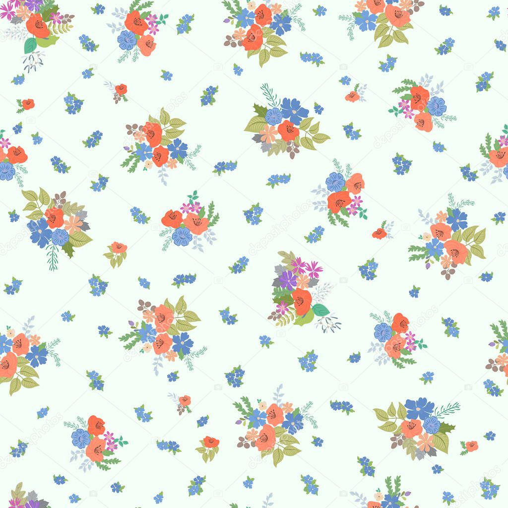 Seamless plants pattern with antique folk flowers. Shabby chic style millefleurs. Floral background for textile, wallpaper, covers, surface, print, wrap, scrapbooking, decoupage