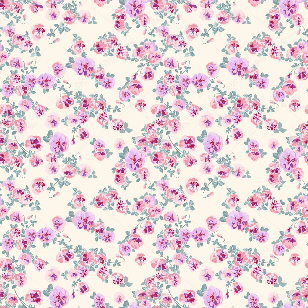 Elegant gentle trendy pattern in small-scale flowers. Millefleurs floral seamless background for textile, cotton fabric, covers, manufacturing, wallpapers, print, gift, scrapbooking.