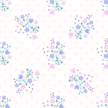 Küçük çiçeklerin kusursuz şirin deseni. Sevgililer Günü konsepti. Tekstil veya kitap kapakları, imalat, duvar kağıtları, baskı, hediye paketi ve yapıştırma kitabı için basit çapraz dikişsiz arkaplan