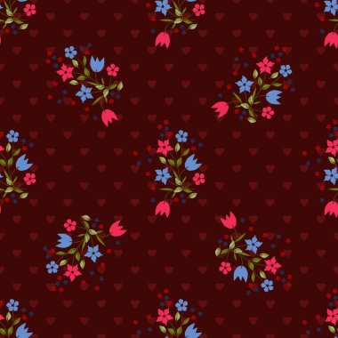 Küçük çiçeklerin kusursuz şirin deseni. Sevgililer Günü konsepti. Tekstil veya kitap kapakları, imalat, duvar kağıtları, baskı, hediye paketi ve yapıştırma kitabı için basit çapraz dikişsiz arkaplan