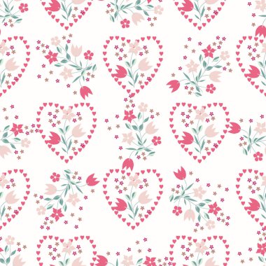 Küçük çiçeklerin kusursuz şirin deseni. Sevgililer Günü konsepti. Tekstil veya kitap kapakları, imalat, duvar kağıtları, baskı, hediye paketi ve yapıştırma kitabı için basit çapraz dikişsiz arkaplan