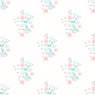 Küçük çiçeklerdeki basit şirin desen. Tekstil veya kitap kapakları, imalat, duvar kağıtları, baskı, hediye paketi ve yapıştırma kitabı için çiçeksiz arka plan.