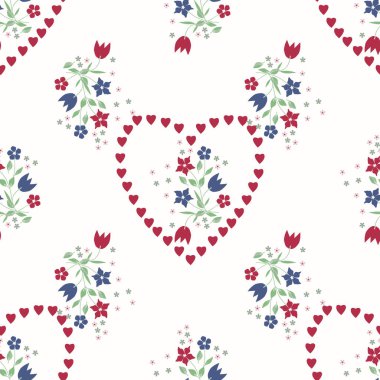 Küçük çiçeklerin kusursuz şirin deseni. Sevgililer Günü konsepti. Tekstil veya kitap kapakları, imalat, duvar kağıtları, baskı, hediye paketi ve yapıştırma kitabı için basit çapraz dikişsiz arkaplan