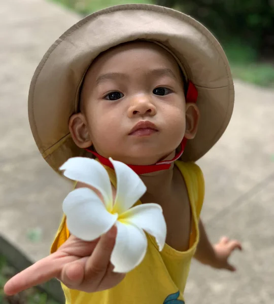 Ragazzo Asiatico Adorabile Anno Che Indossa Ritratto Del Cappello Piedi — Foto Stock