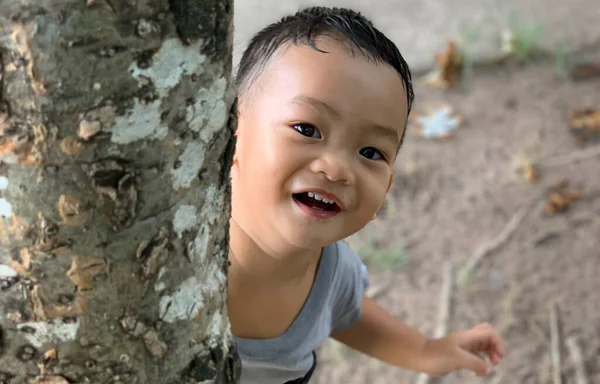 Rok Rozkošný Asijské Chlapec Rád Hraní Schovávanou Hledá Stromem Venkovní — Stock fotografie