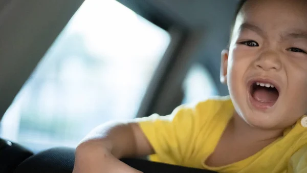 Year Old Adorable Asian Boy Shouting Crying Alone Car Portrait — стоковое фото