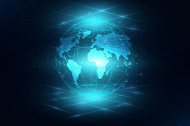 Global iş dünyasının en iyi internet kavramı. Küre, teknolojik arka planda parlayan çizgiler. Elektronik, Wi-Fi, ışınları, sembolleri İnternet, televizyon, mobil ve uydu iletişimi