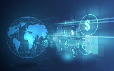 Para transferi. Küresel para birimi. Borsa 'da. Stok vektör illüstrasyonu.