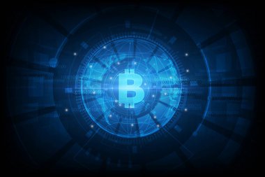  Bitcoin dijital para birimi, fütürist dijital para, teknoloji dünya çapında ağ konsepti, vektör illüstrasyonu
