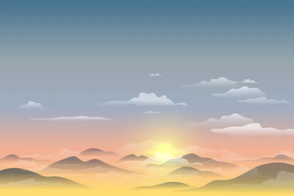 Vector illustration, Landscape view with sunset, sunrise, the sky, clouds, mountain peaks, and forest. for the website background