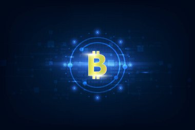 İkili kod arkaplanı ve elektronik devre üzerindeki bozuk paranın sanal sembolü. Kripto para birimi.