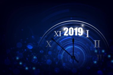  2019 Mutlu Yıllar afişi ve yuvarlak saat. Vektör illüstrasyonu. 