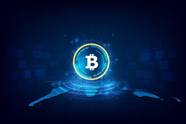 Engelleme zinciri, vektör illüstrasyonlu soyut dijital para birimi bitcoin