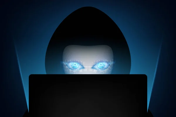 Computer Hacker Silhouet Van Hooded Man Met Binaire Gegevens Netwerkbeveiliging — Stockvector
