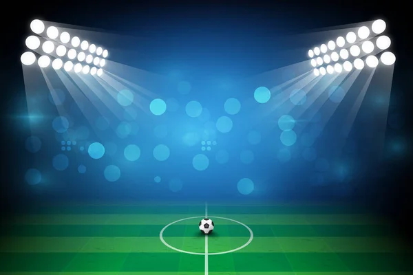 Football arena field with bright stadium lights design. Vector illumination