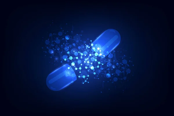 Sağlık teknolojisi konsepti, içinde soyut fütüristik DNA olan gerçekçi şeffaf hap grafiği.