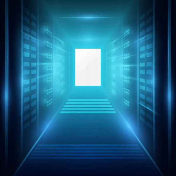 Snímek Koridoru Pracovním Datovém Centru Plném Regálových Serverů Superpočítačů Vektorová — Stockový vektor