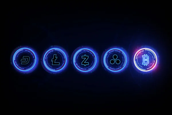 Newton beşiğinde Bitcoin dijital para birimi, Litecoin, Ripple, DASH ve Zcash, fintech dünya finans konsepti, vektör çizimi