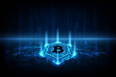 Engelleme zinciri, vektör illüstrasyonlu soyut dijital para birimi bitcoin