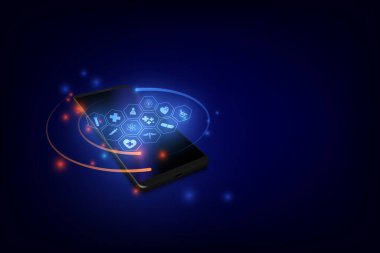 Akıllı telefonlara bağlı internet kliniğinin uygulaması ile tıbbi danışma ve tedavi. vektör illüstrasyonu