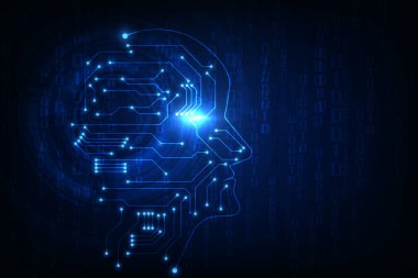 Yapay zeka. Devre kartlı soyut geometrik insan kafası taslağı. Teknoloji ve mühendislik geçmişi. Vektör illüstrasyonu
