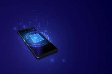 eSIM kart çipi işareti. Gizli SIM konsepti. Yeni mobil iletişim teknolojisi. Gelecekçi projeksiyon sim kartı. vektör illüstrasyonu