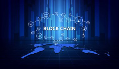 Blockchain ağ konsepti, dağıtılmış defter teknolojisi, zincir mesajlar, bloklar ve dünya çapında bilgisayar bağlantıları. vektör illüstrasyonu