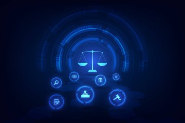 Bilgi teknolojisi dijital adalet hukuku avukatlık hukuku yasal iş konsepti. vektör illüstrasyonu