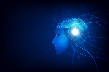 İnsan beynindeki yapay zeka ve sinirsel ağ düşünceleri. Dijital beyinli yapay zeka büyük verileri işlemeyi öğreniyor. Teknoloji arka planı kavramı. vektör illüstrasyonu