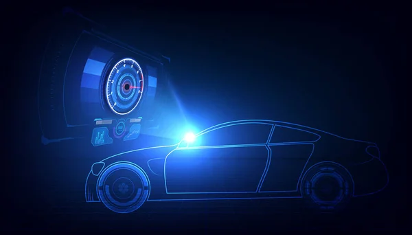 Yüksek çözünürlüklü hologram. Fütürist araba servisi, tarama ve otomatik veri analizi, Sanal Grafik Arayüzü. Vektör yanılsaması