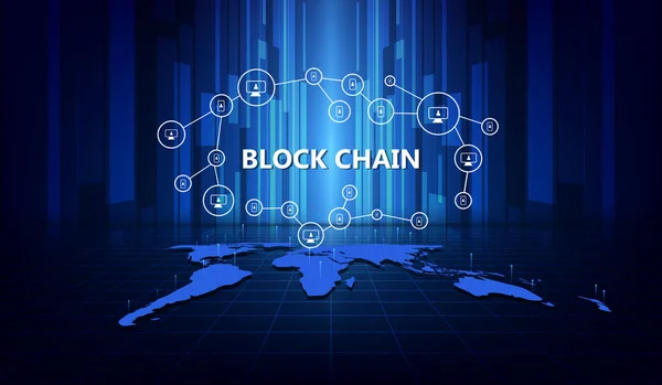 Blockchain ağ konsepti, dağıtılmış defter teknolojisi, zincir mesajlar, bloklar ve dünya çapında bilgisayar bağlantıları. vektör illüstrasyonu