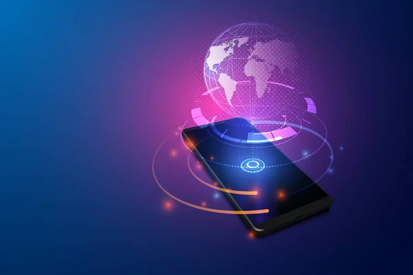 Telefon mobil interneti aracılığıyla dünyanın herhangi bir yerinden dünya çapındaki internet ile yüksek hızlı iletişim. Hologram dünya sanal gövde elementleri ekran akıllı telefonu üzerinde. vektör eps10