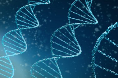 Soyut DNA tıbbi geçmişi. Biyoenformatik, genetik mühendisliği, DNA profilleme (adli tıp bilimi) ve nanoteknoloji gibi teknolojide kullanılan çift sarmallı mavi DNA moleküllerinin 3D çizimi