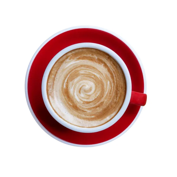 Vista Superior Xícara Café Quente Cappuccino Latte Pires Cerâmica Vermelha — Fotografia de Stock