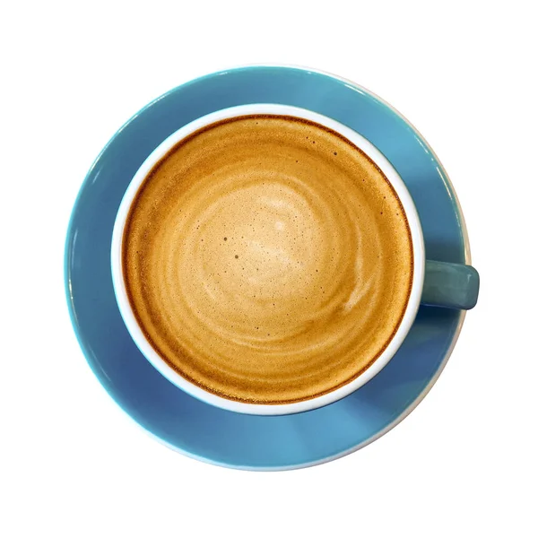 Vista Superior Xícara Café Quente Cappuccino Latte Pires Cerâmica Azul — Fotografia de Stock