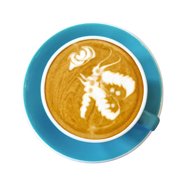 Bovenaanzicht Van Hete Koffie Latte Kopje Blauwe Schotel Met Vlinder — Stockfoto