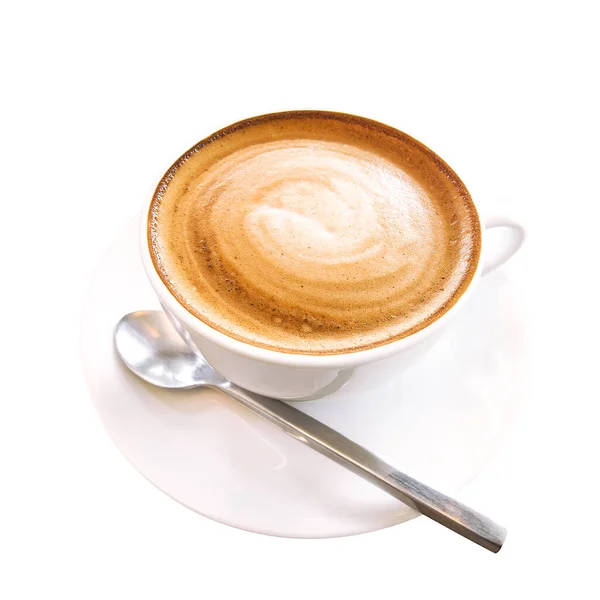 Xícara Cappuccino Café Quente Com Espuma Leite Espiral Isolado Fundo — Fotografia de Stock