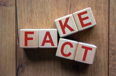 İş ve tasarım konsepti - ahşap zeminde 'FACT FAKE' yazan sürreal geometrik tahta küpler.