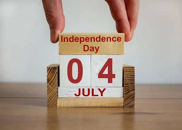 Male Hand Puts Block Inscription Independence Day Cubes Date July — Stock Photo, Image