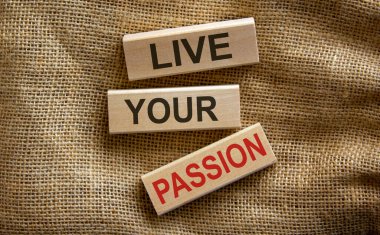 Tahta bloklar, güzel tuval arka planında 'tutkunu yaşa' metnini oluşturur.