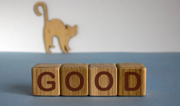 Figuras Madera Del Gato Inscripción Preocupes Feliz — Foto de Stock