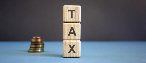 Cubes Dice Tax Wooden Background Pile Coins — Stock Photo, Image