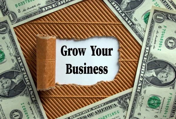 The text \'grow your business\' appearing behind torn brown paper. Dollar bills. Business concept.